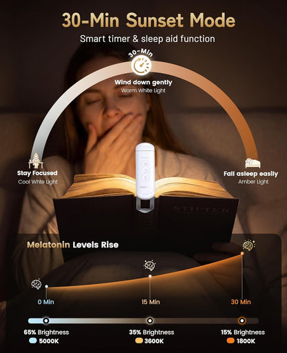 HIONXMGA Book Light Rechargeable, Eye-Care Clip on Reading Light for Books in Bed, 3 Color & Stepless Dimming, 140H Long Lasting Book Lights for Reading at Night, Gifts for Book Lovers(Black)