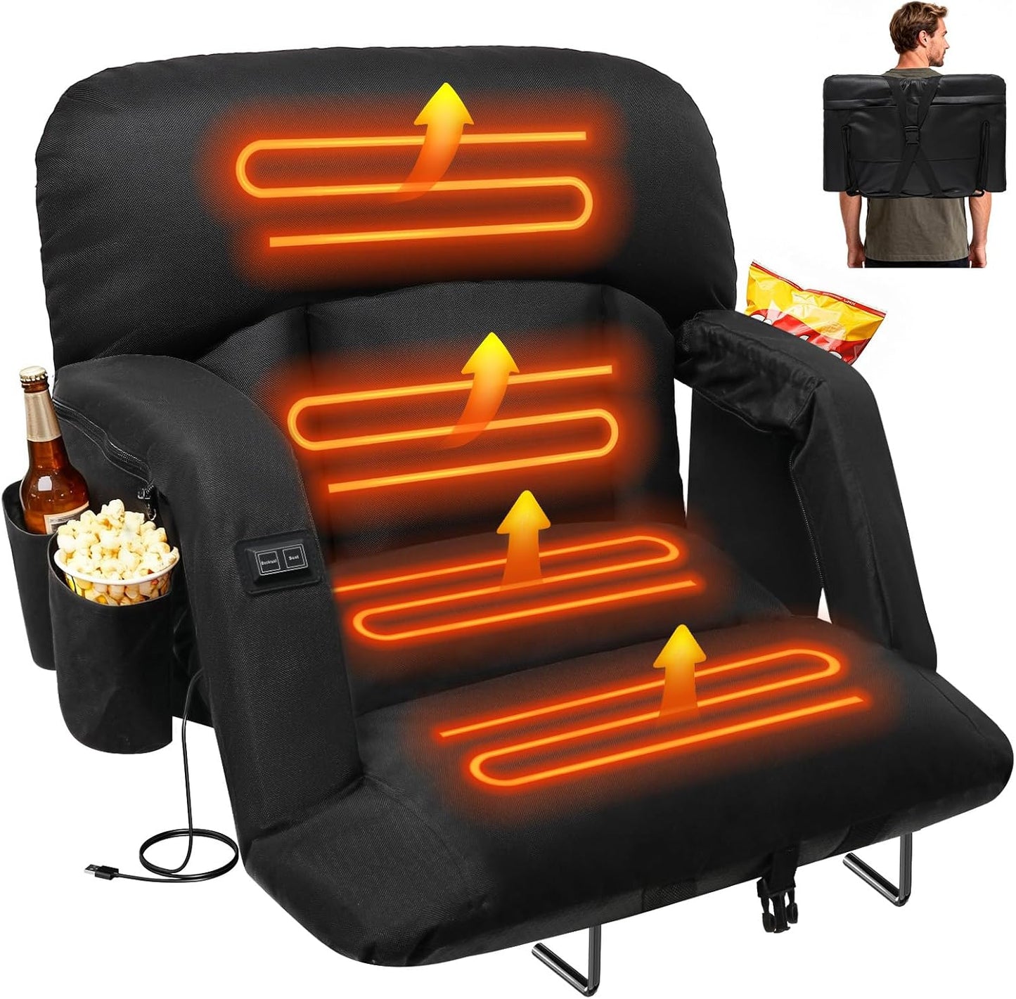 DEKEMASTER Wide Heated Stadium Seat with Back Support, Sofa-Style Comfort | 4.3'' Thick Cushion & Backrest, 3 Level Heat(No Battery), 6 Reclining Positions, Adjustable Armrests, Anti- Slip Stability