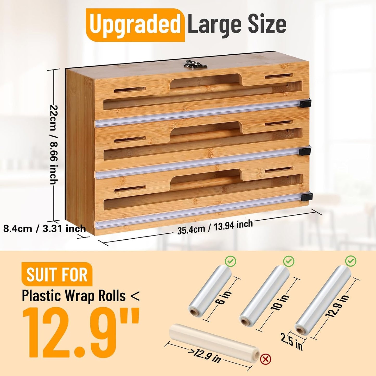 Allinside Magnetic Plastic Wrap Dispenser with Cutter, 3 in 1 Refrigerator Bamboo Wood Organizer for Tin Foil, Baking, Wax Paper Holder Kitchen Storage Box Compatible with 12.9" Roll, Black (3 Layer)