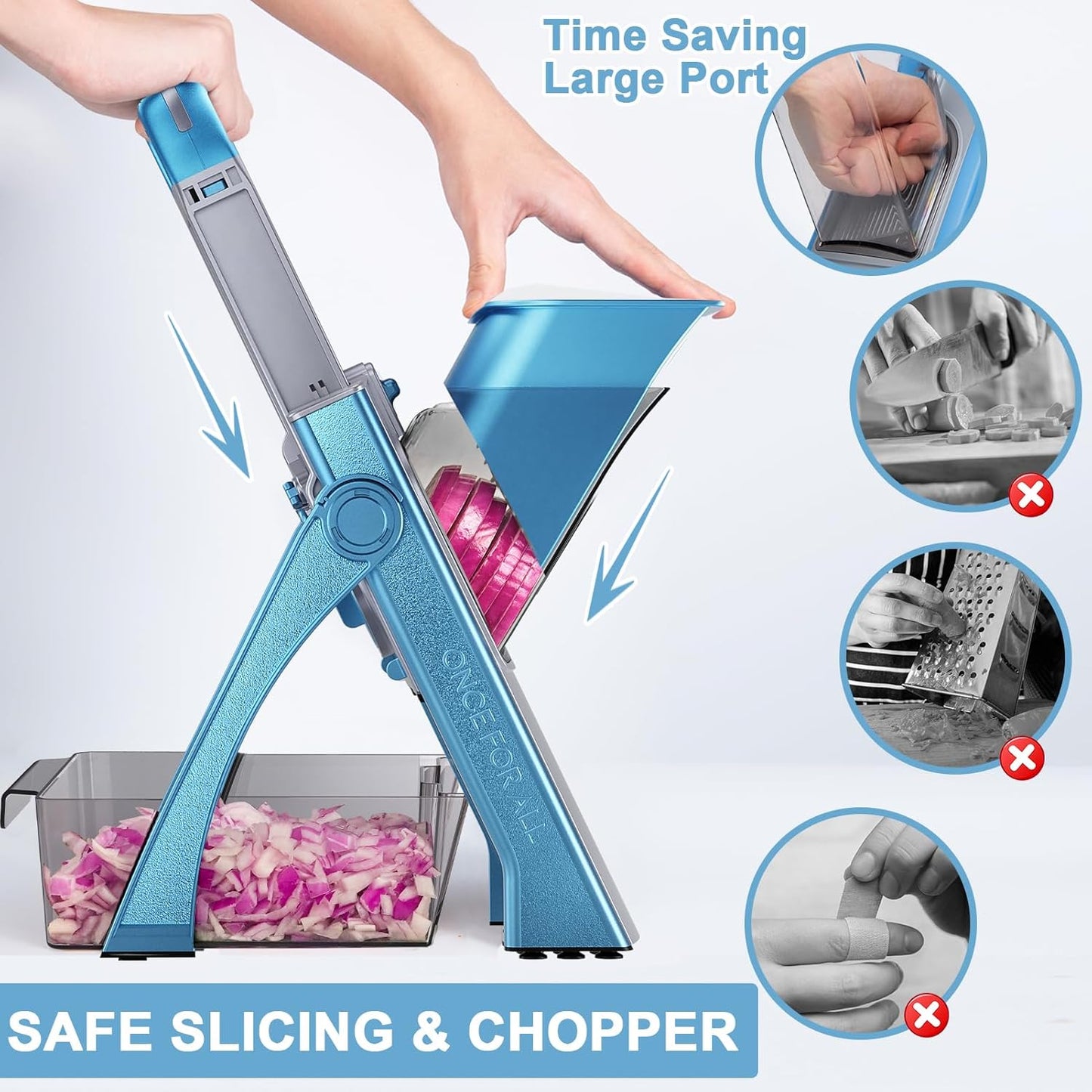 QYKIC Safe Mandoline Slicer for Kitchen, Adjustable Potato Slicer Pro | 0.1-8mm Vegetable Chopper Fry Cutter Julienne Dicer Large Chute Stainless Steel Blades Detachable Dishwasher Safe Gifts