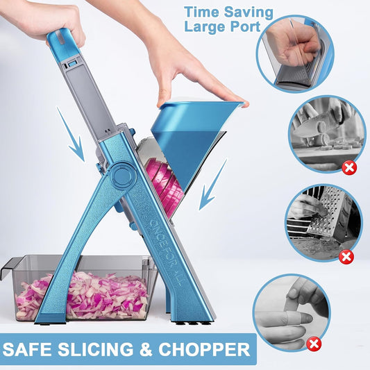 QYKIC Safe Mandoline Slicer for Kitchen, Adjustable Potato Slicer Pro | 0.1-8mm Vegetable Chopper Fry Cutter Julienne Dicer Large Chute Stainless Steel Blades Detachable Dishwasher Safe Gifts