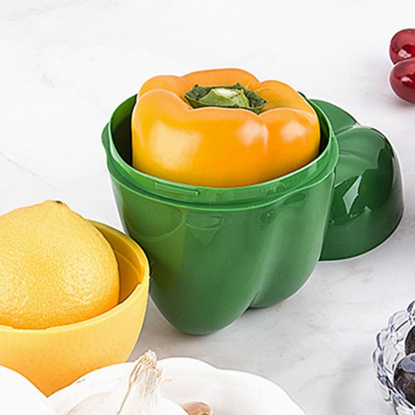 6PCS Fresh Food Savers Vegetable Fruit Shape Containers Set,Reuseable Avocado Lemon Tomatoes Pepper Onion Garlic Storage Keeper Sealing Box Fresh Bowls for Refrigerators