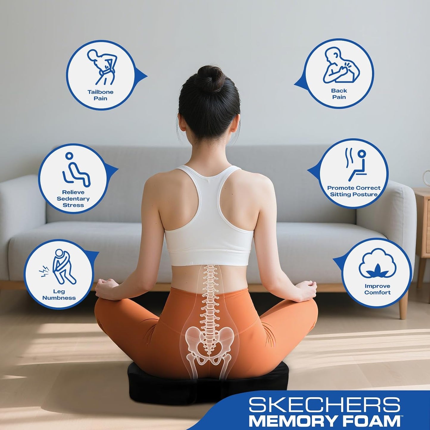Skechers Seat Cushion, Ergonomic Memory Foam Cushion for Long Sitting Hours on Office & Home Chair, Car Seat Cushion for Sciatica, Coccyx Cushion,Brown