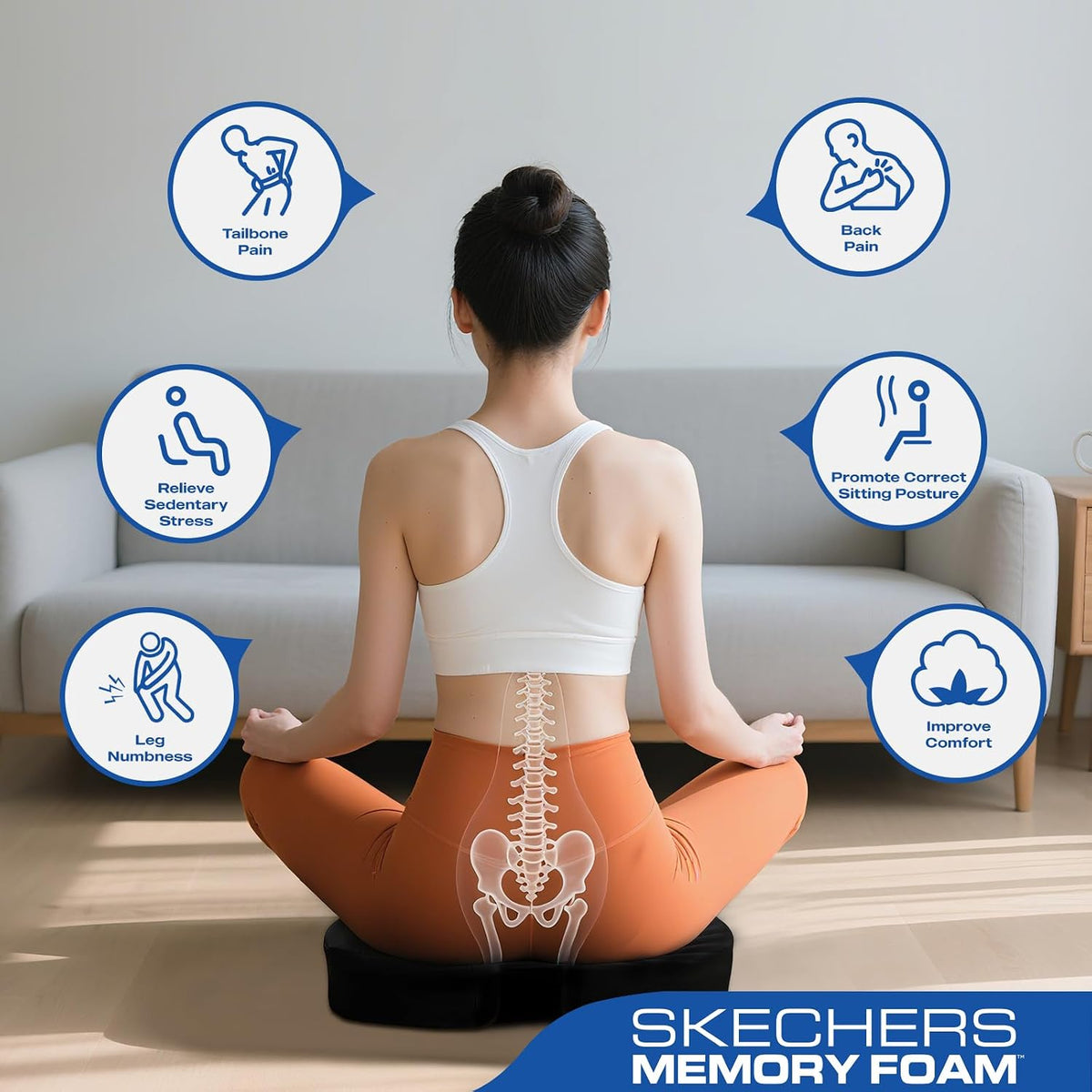 Skechers Seat Cushion, Ergonomic Memory Foam Cushion for Long Sitting Hours on Office & Home Chair, Car Seat Cushion for Sciatica, Coccyx Cushion,Brown