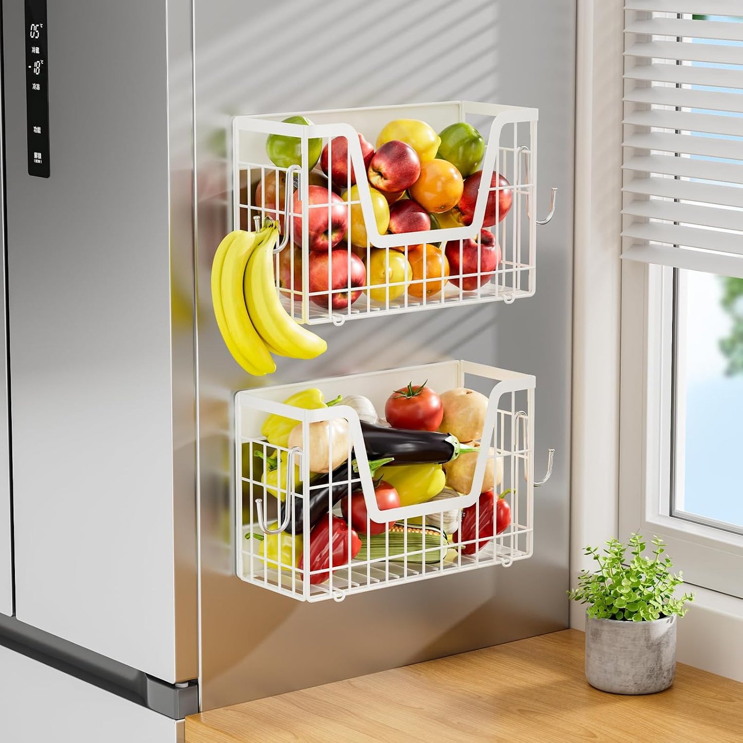 Magnetic Shelf for Fridge, Fruit Basket Magnet Shelves with 2 Hooks | Potato and Onion Storage Bins, Black Magnetic Organizer Side of Fridge Storage, Magnetic Spice Rack for Refrigerator Kitchen