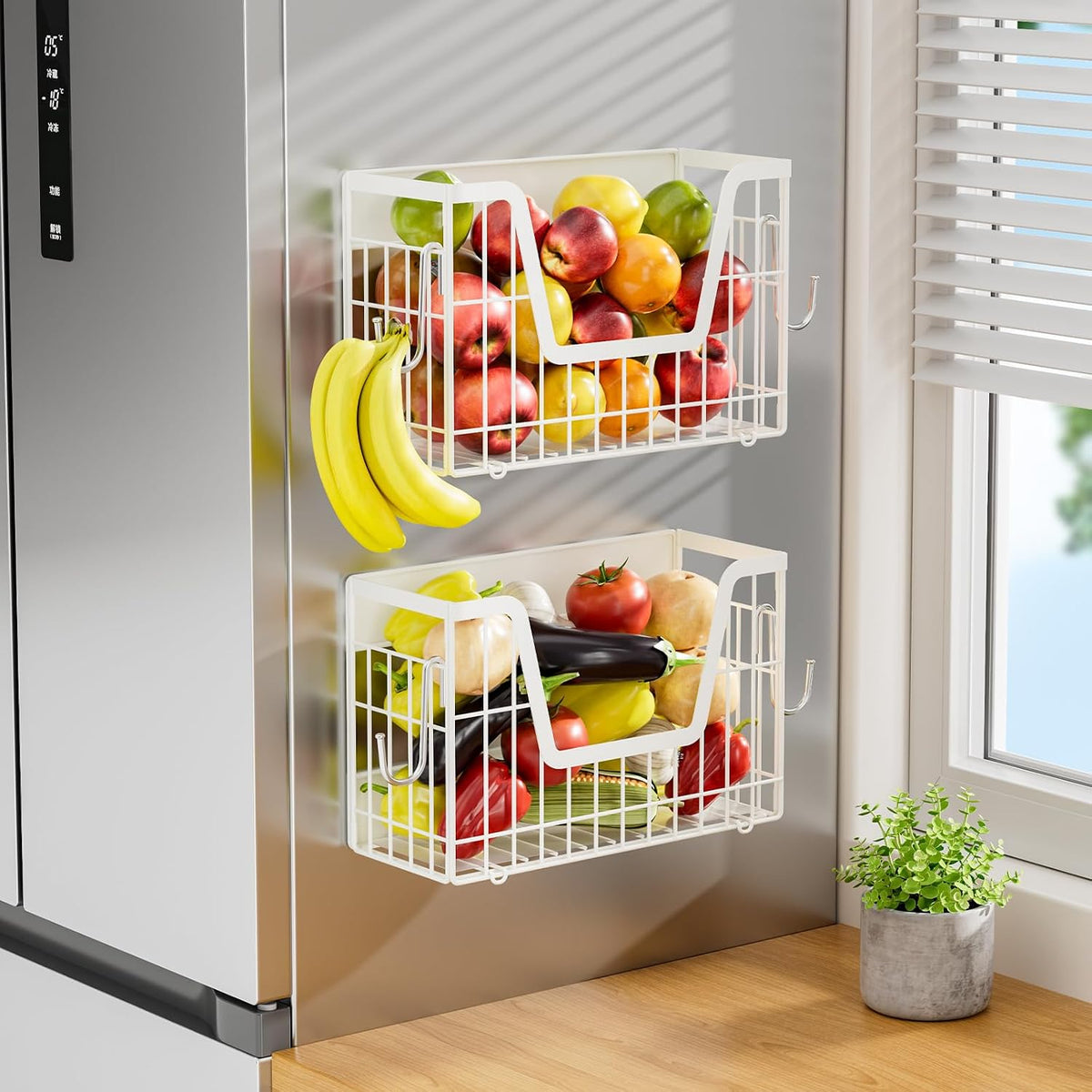 Magnetic Shelf for Fridge, Fruit Basket Magnet Shelves with 2 Hooks