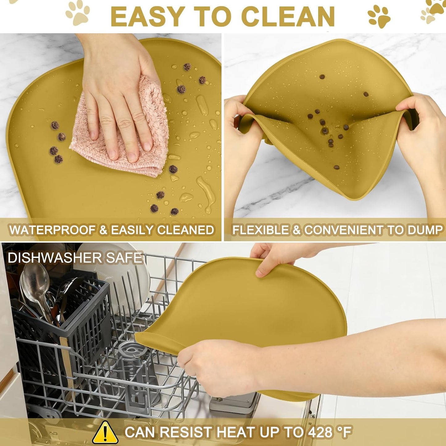 SMILOOL Waterproof Silicone Pet Food Mat with Raised Edge for Dog & Cat | 19" x 12" Non-Slip Pet Feeding Mats with Lip for Food & Water Bowl, Food Grade, Easy Cleaning, Black