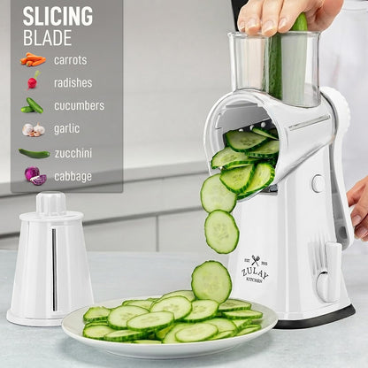 Zulay Kitchen Rotary Cheese Grater 5 Blade Cheese Shredder - Manual Hand Crank Cheese Grater With Reinforced Suction & 5 Interchangeable Drums - Easy to Use, Vegetable Chopper Round Mandoline Slicer - Colors A