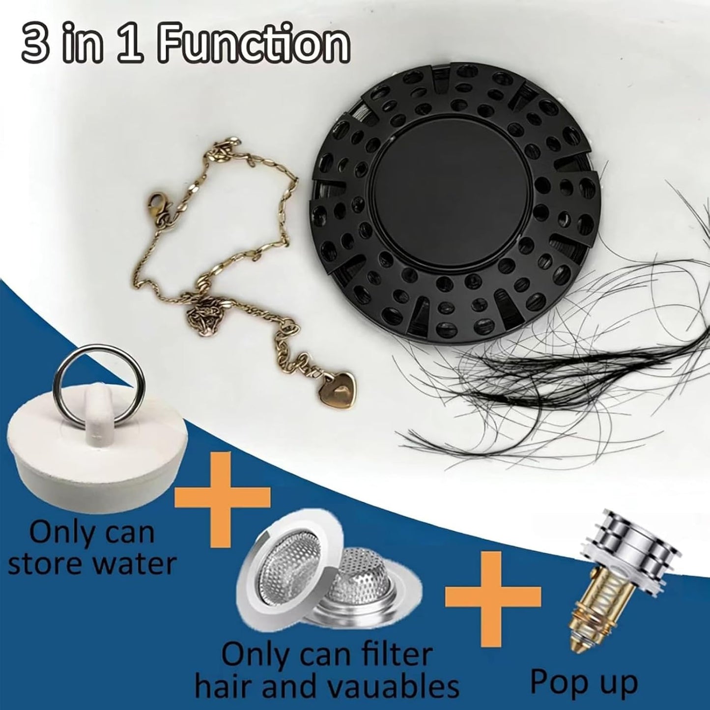 AzWzz Universal Tub Stopper Bathtub Drain Plug, Pop Up Tub Drain Hair Catcher, Drain Cover with Strainer, for 1-3/8 to 2in Bath Drain Hole