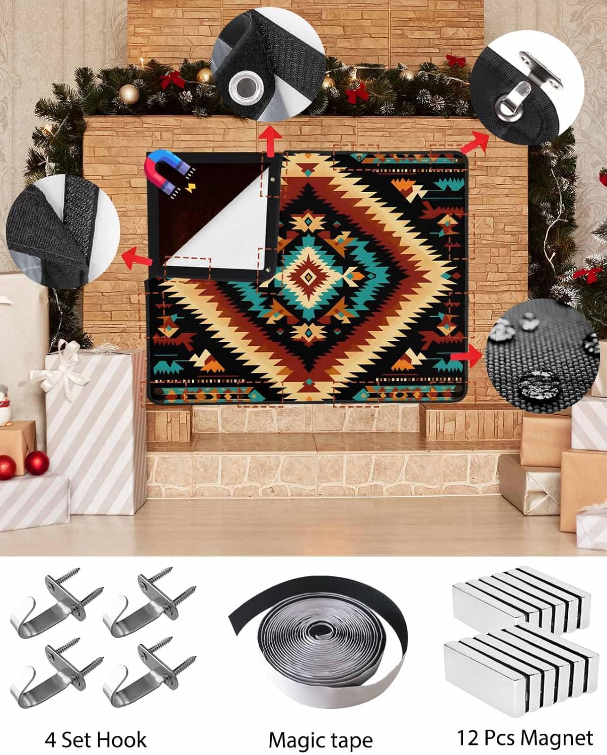 Western Aztec Magnetic Fireplace Cover Decorative Indoor For Brick Fireplace, Rustic Tribal Southwestern Boho Ethnic Insulation Fireplace Blocker Blanket Draft Stop Hot Heat Save Energy, 36"Wx27"H