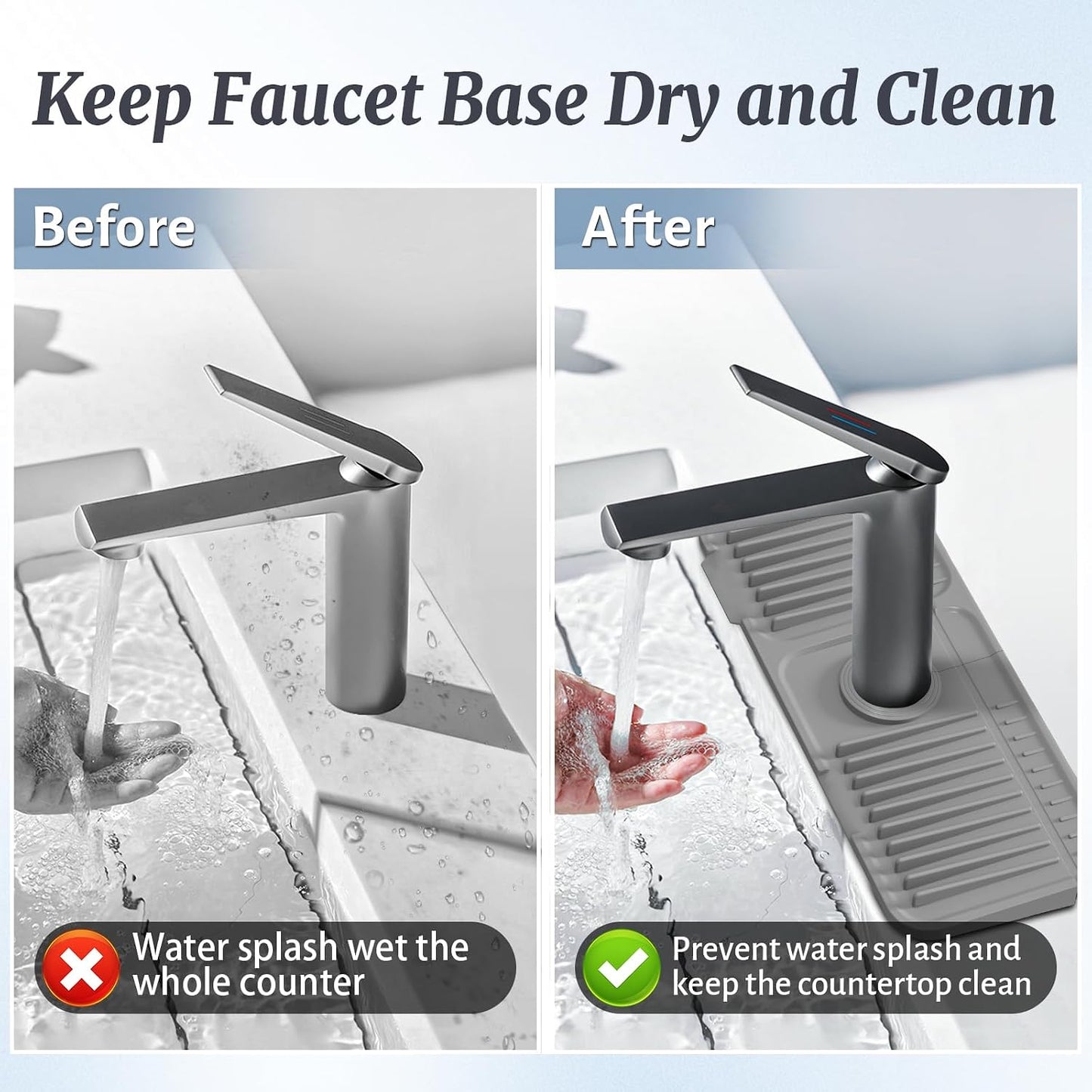 PoYang 24 Inch Faucet Mat for Kitchen Sink Splash Guard, Silicone, Black | Sink Protectors with 7° Slope for Smooth Drainage, Snap Button Holds It in Place, 90° Foldable & Cuttable Hole Fit Most Sinks