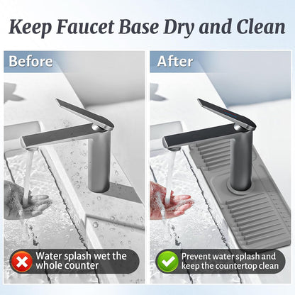 PoYang 24 Inch Faucet Mat for Kitchen Sink Splash Guard, Silicone, Black | Sink Protectors with 7° Slope for Smooth Drainage, Snap Button Holds It in Place, 90° Foldable & Cuttable Hole Fit Most Sinks