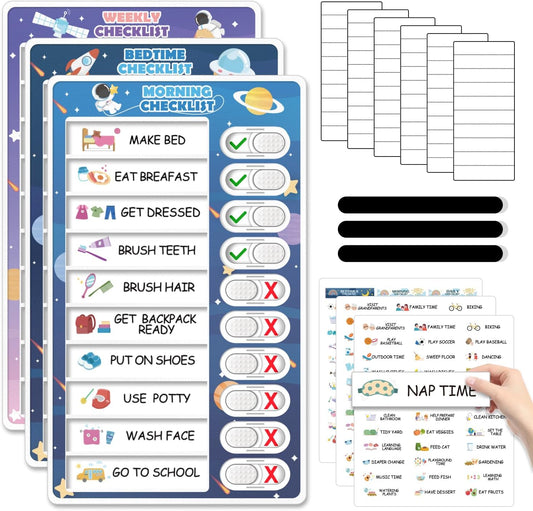 Upgraded Slider 4 in 1 Reward Chart for Kids, Reusable Bedtime/Morning/Daily Routine Chart for Kids, Magnetic Chore Chart for Kids Toddlers, Sticker Chart for Kids Behavior Chart for Kids at Home