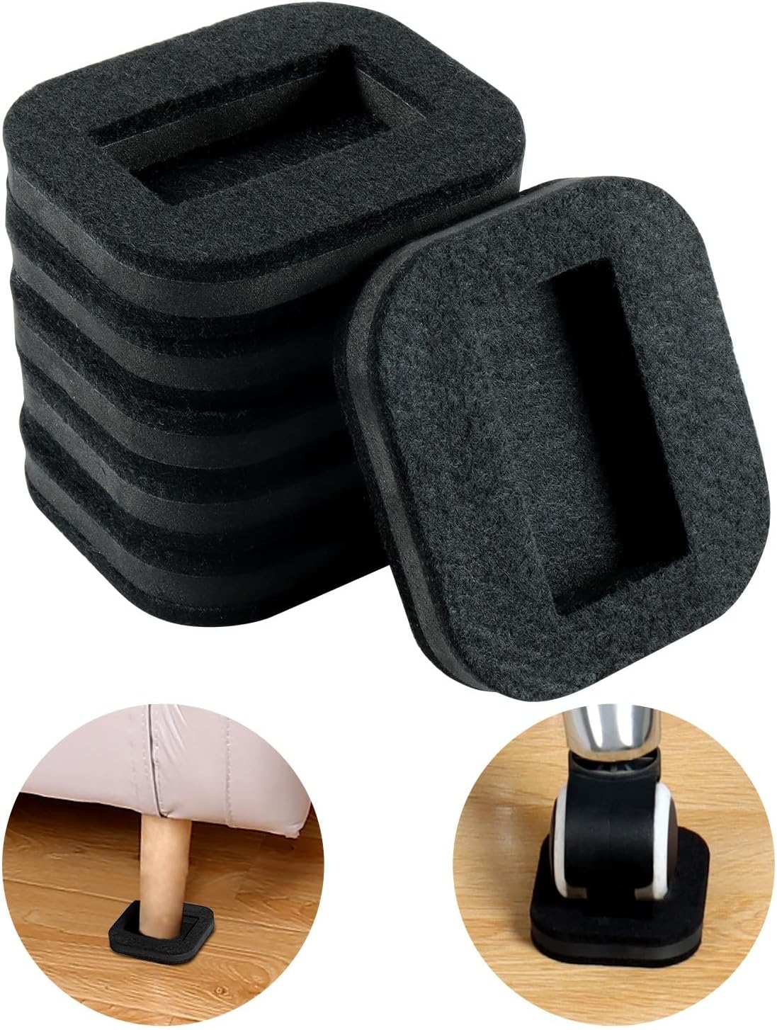 12 PCS Felt Furniture Coasters Caster Cups for Hardwood Floors, Felt Bottom Furniture Pads, Bed Office Chair Fridge Furniture Wheel Stopper to Prevent Sliding and Scratches (Black, L: 2.6" * W:1.8")