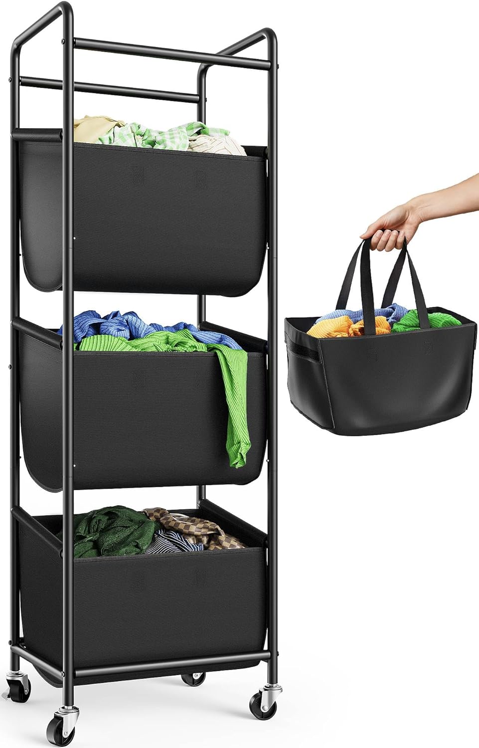3 Section Laundry Sorter with Removable Bags, 120L Rolling Vertical Laundry Hamper, Stackable Laundry Baskets organizer for Bathroom, Apartment, Dorm (Beige, With Wheel)