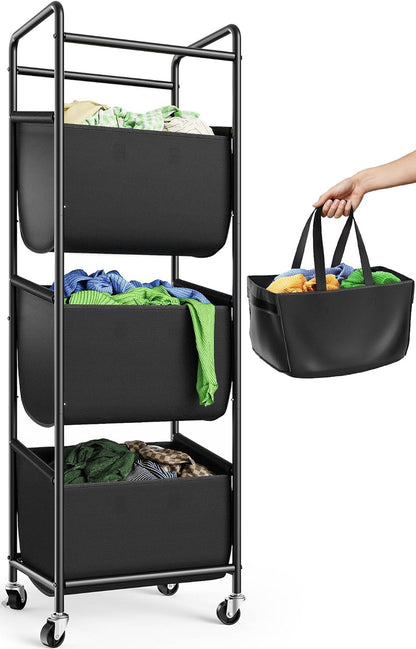 3 Section Laundry Sorter with Removable Bags, 120L Rolling Vertical Laundry Hamper, Stackable Laundry Baskets organizer for Bathroom, Apartment, Dorm (Beige, With Wheel)
