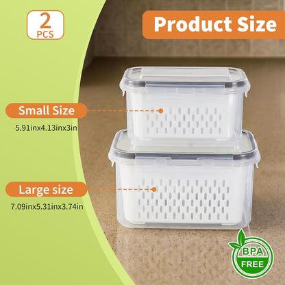 Fruit Storage Containers for Fridge, Grape Containers with Built-In Drain Basket, 2-Pack No-Leak Design, Saves Space, Durable and Easy to Clean, Easy Grab Handle, Keeps Grapes and Berries Fresh