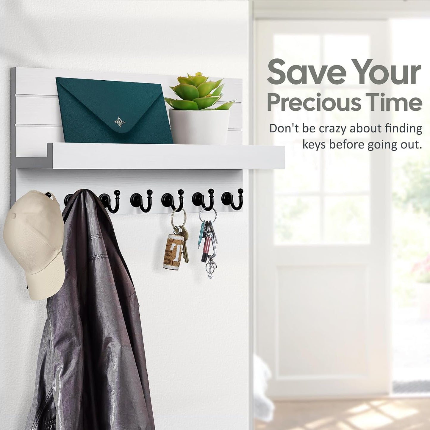 HONJIN Key Holder Wall Mount with Shelf and 5 Sturdy Key Hooks (White) | Key and Mail Holder Wall Mount, Wooden Entryway Organizer and Decorative, Easy Installation, 10*3.8*6.85 Inch