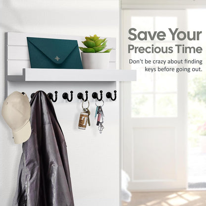 HONJIN Key Holder Wall Mount with Shelf and 5 Sturdy Key Hooks (White) | Key and Mail Holder Wall Mount, Wooden Entryway Organizer and Decorative, Easy Installation, 10*3.8*6.85 Inch