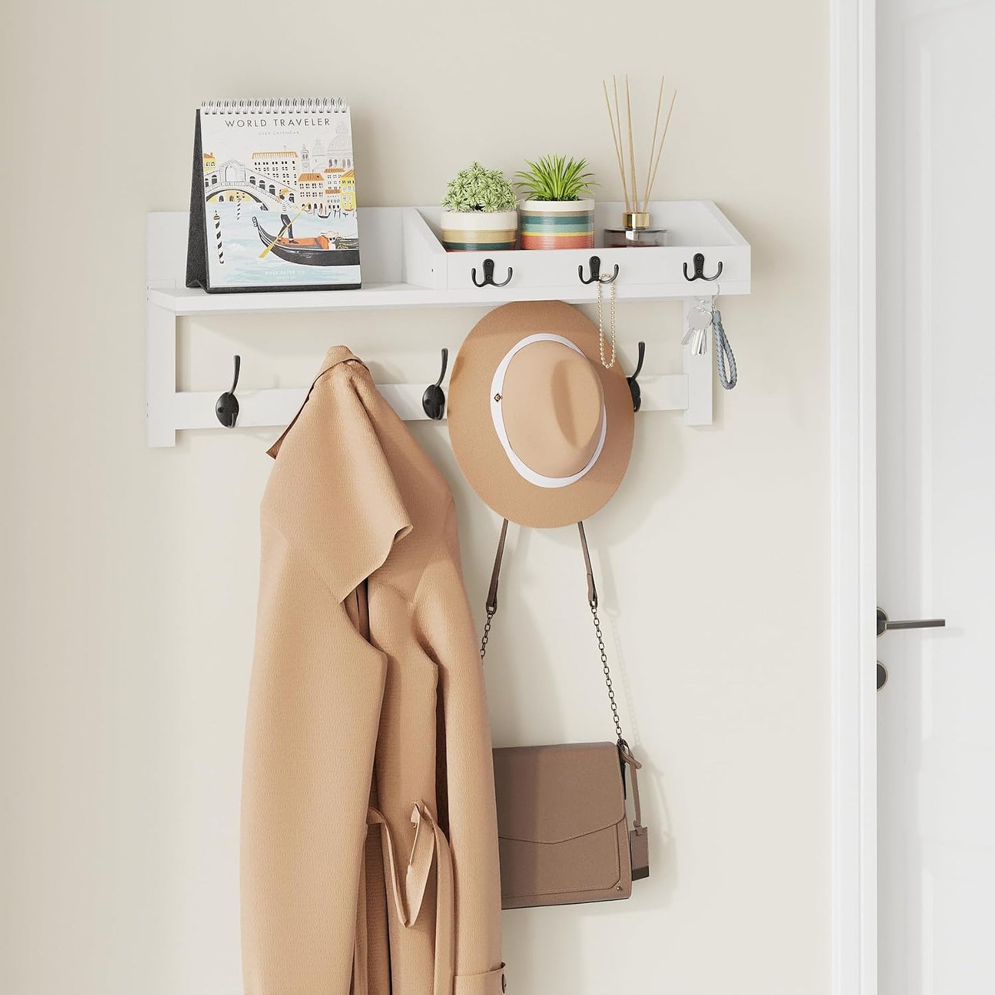 AMBIRD Wall Hooks with Shelf, 26.57 Inch Entryway Wood Coat Hooks for Wall with Shelf, Coat Rack Wall Mount with 5 Dual Hooks 3 Key Hooks Mail Organizer and Key Rack Holder (Brown)