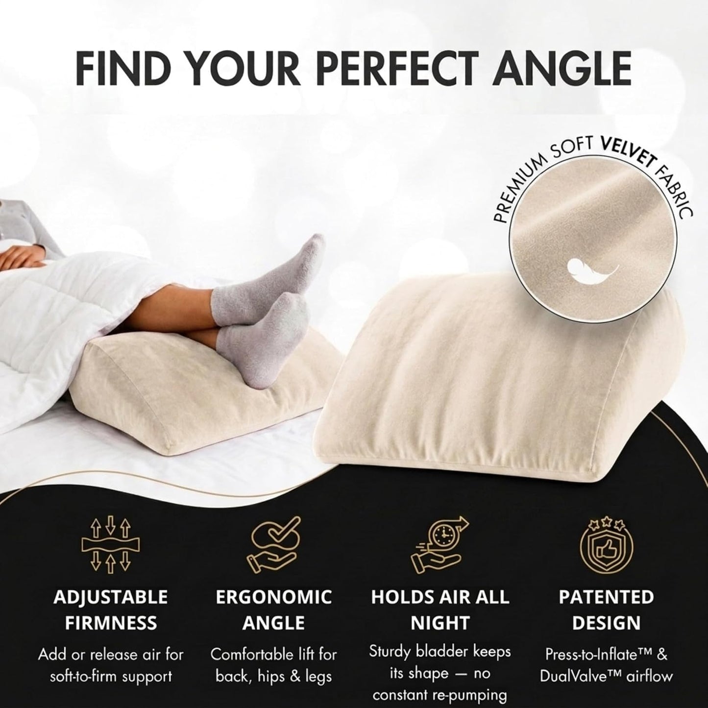Maison Cozy® Inflatable Wedge Pillow for Travel and Sleeping - Adjustable Body Positioner for Back Support, Leg Elevation, Reading in Bed, Washable Velvet Cover, Travel Pouch (Sand Beige)