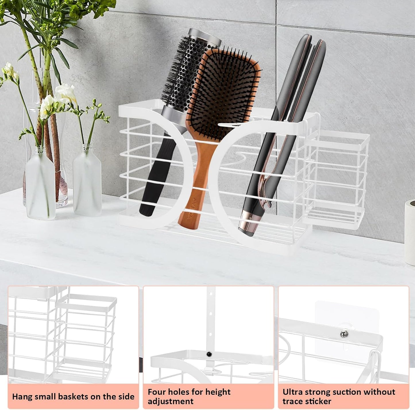Elegant White Cabinet Door/Wall Mounted 3-in-1 Hair Dryer Holder | Stylish Bathroom Organiser, For Hair Dryer & Straightener, Hair Brush & Accessories