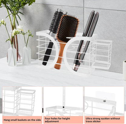Elegant White Cabinet Door/Wall Mounted 3-in-1 Hair Dryer Holder | Stylish Bathroom Organiser, For Hair Dryer & Straightener, Hair Brush & Accessories