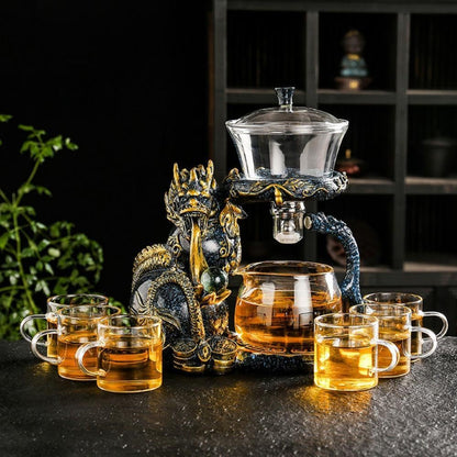 Glass Teapot Set with Infuser Semi Automatic Dragon Tea Set (Blue golden teapot)
