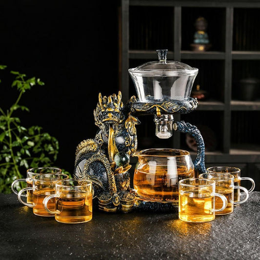 Glass Teapot Set with Infuser Semi Automatic Dragon Tea Set (Blue golden teapot)