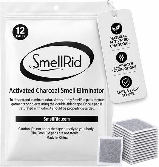 SMELLRID Activated Charcoal Odor Absorber Pads (4"x4") - Pack of 12 | 12 Unscented Adhesive (4"x4") Charcoal Pads for Body Odor, Flatulence & Personal Care Environments