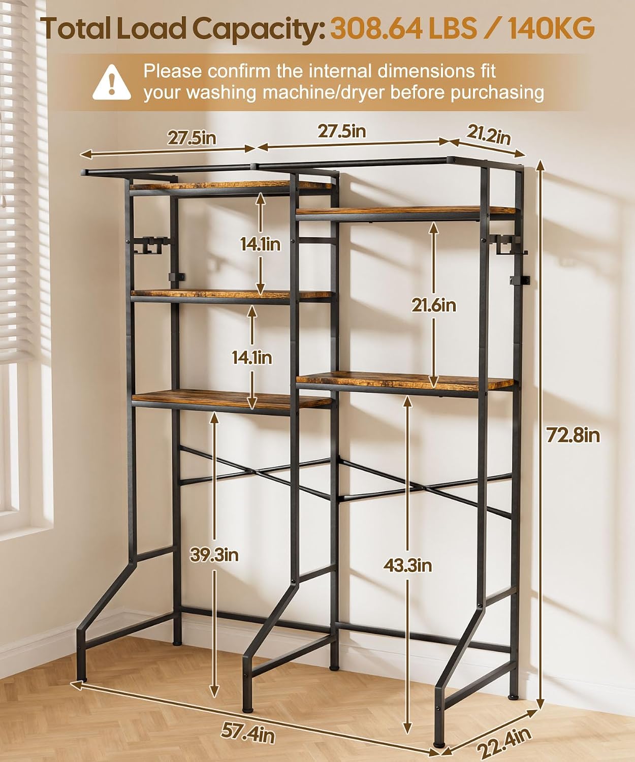 Homde Over The Washer and Dryer Storage Shelf: 5-Tier Heavy Duty | Laundry Room Organizer Standing Shelf with Hanger Rod & Anti-Tip - Space Saving Rust Proof Shelving for Bathroom Balcony