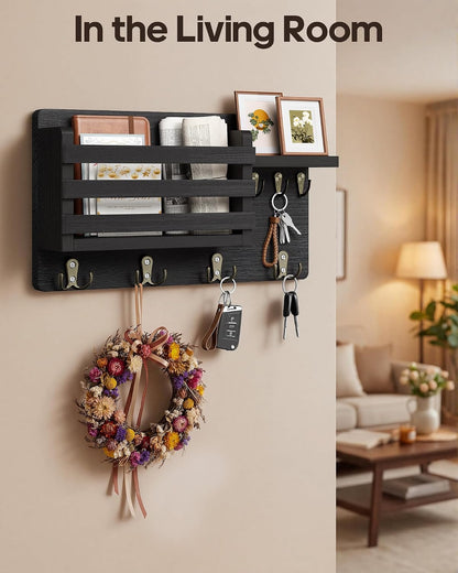 Key Holder Wall Mount with Mail Organizer, 16" L x 5" W x 9.1" H Oversized Keys Hanger Rack with Shelf and 7 Hooks, Wood Wall Organizer for Wallet, Dog Lesh (Brown)