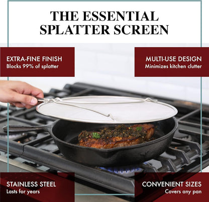 Splatter Screen for Frying Pan - 15 Inch Stainless Steel Grease Splatter Guard - Cover Oil Splash when Sizzling Bacon, Cooking Fried Chicken or Popcorn