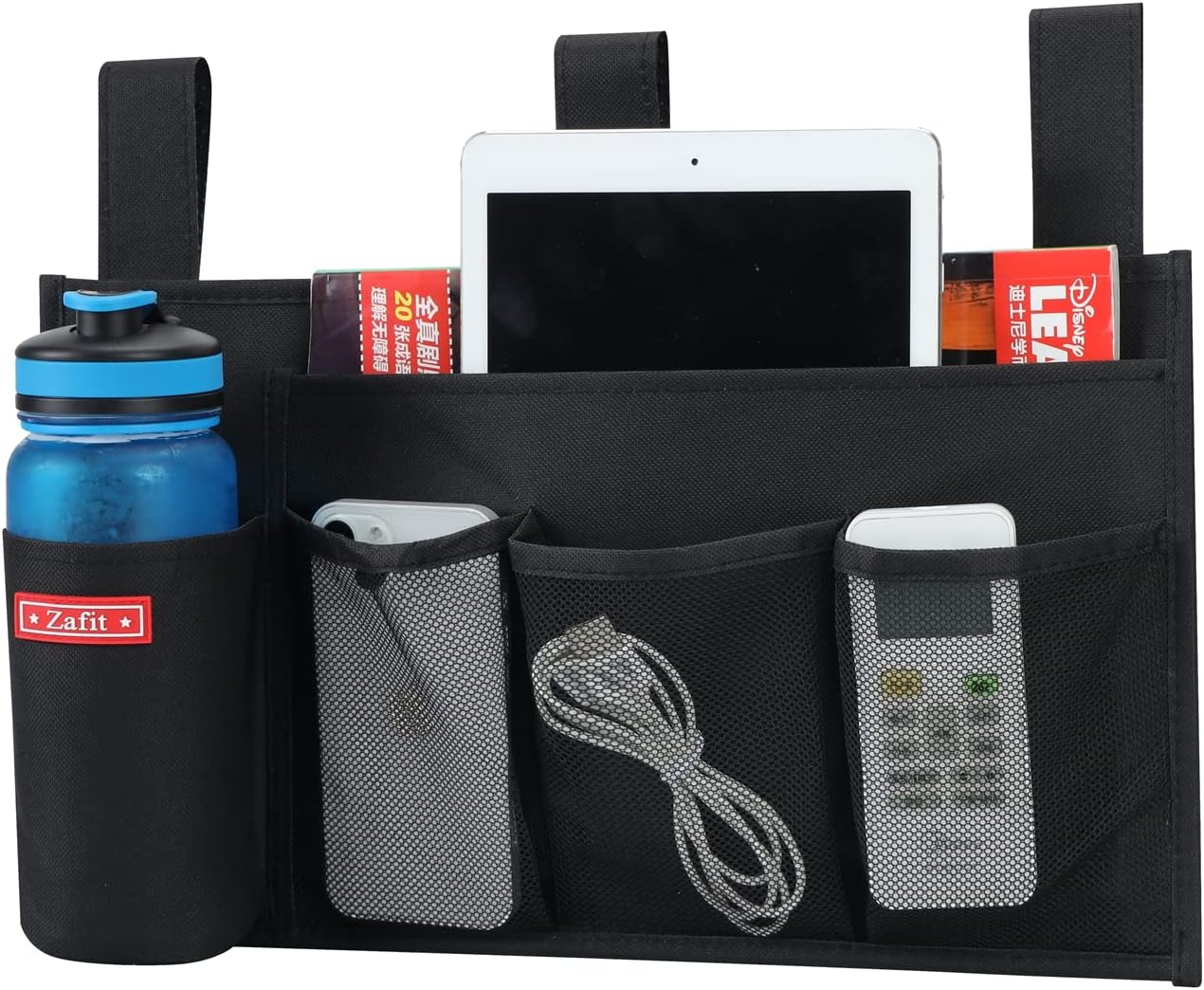 Zafit Hanging Bedside Caddy, Bedside Storage Organizer for Magazine, Phone, Remote control (Classic4 Pockets-Black)