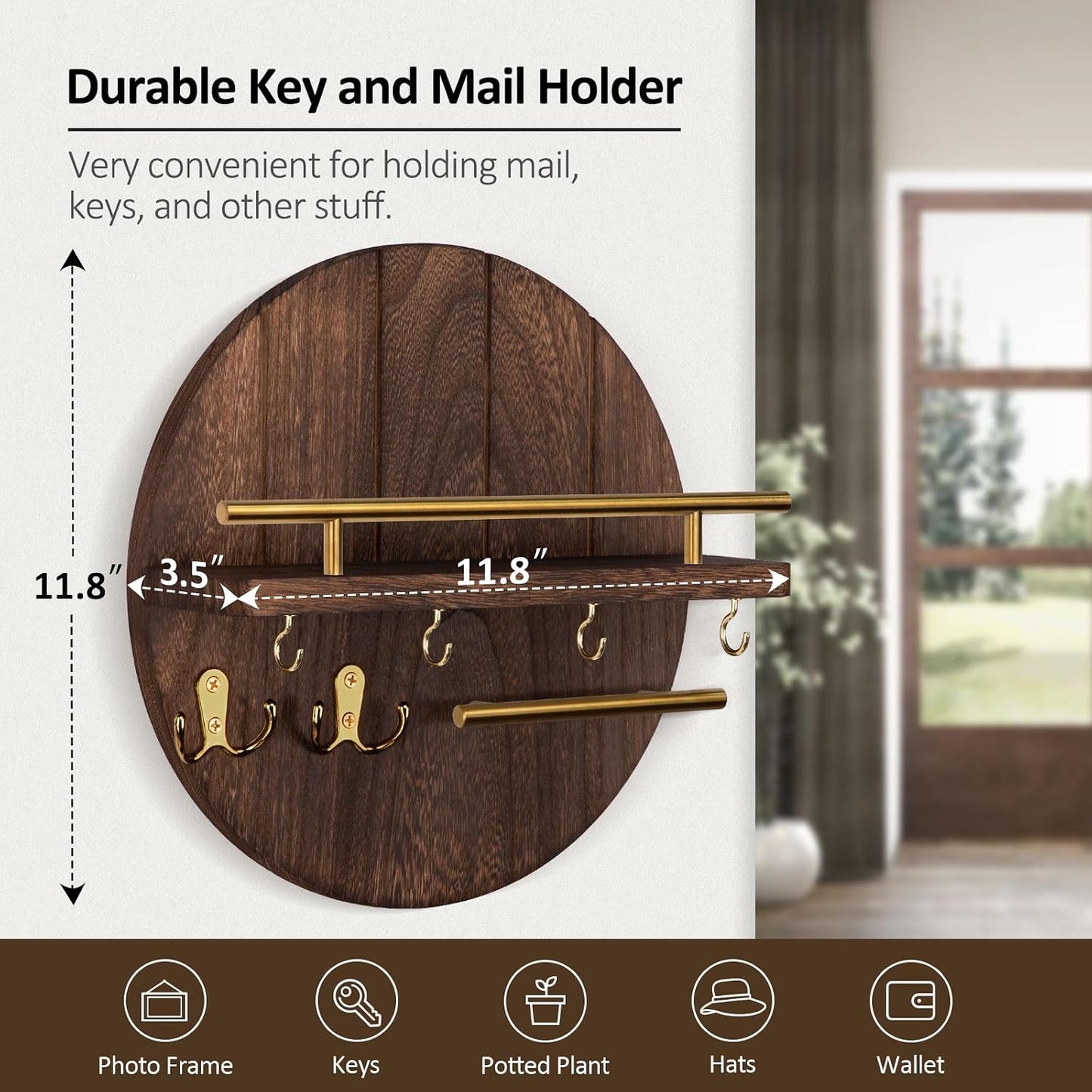Nekon Key Holder Wall Mount, 11.8” Wood Mail Organizer for Wall, Brown | Round Wall Shelf with 6 Key Hooks, Rustic Key and Mail Holder, Key Hanger for Entryway Hallway Kitchen