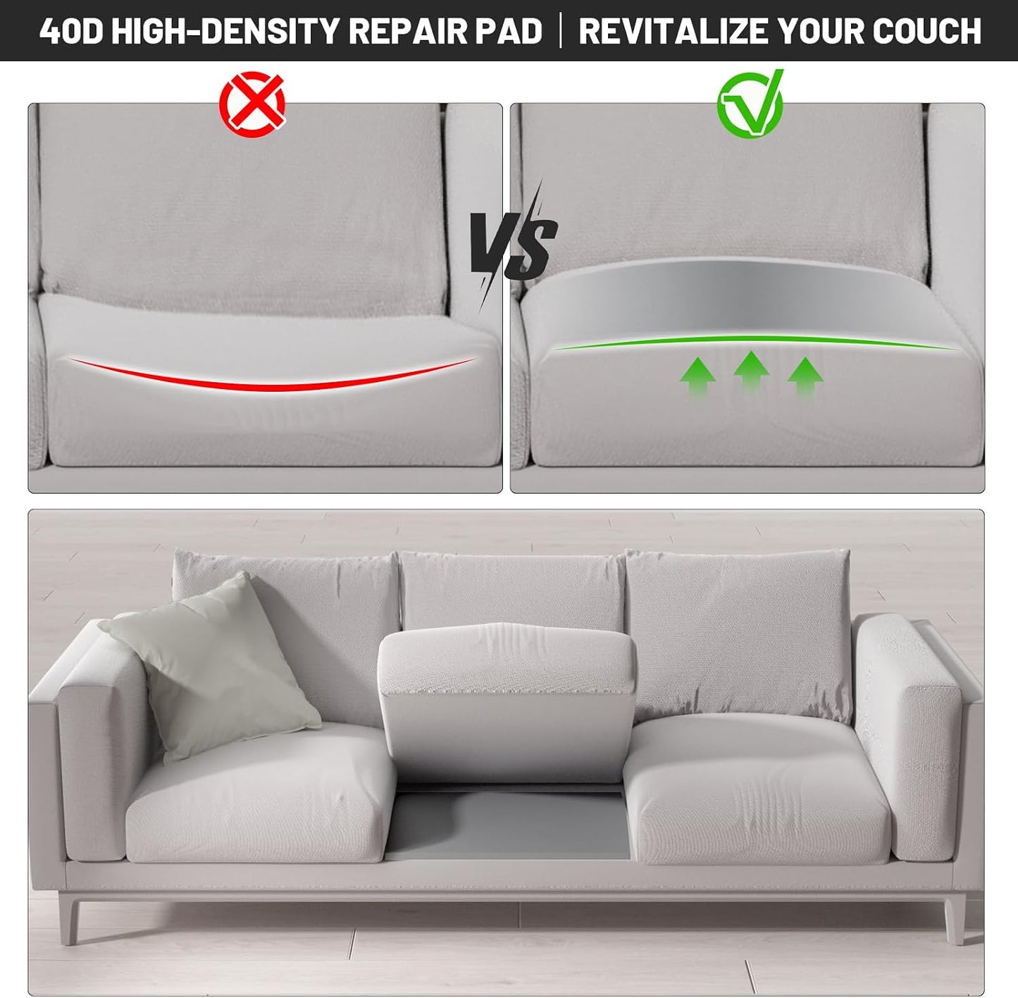 Couch Cushion Support for Sagging Seat, 20"x20"x2" 40D High Density Curved Foam Sofa Cushion Support, Under-Cushion Sag Repair,Grey Set of 3