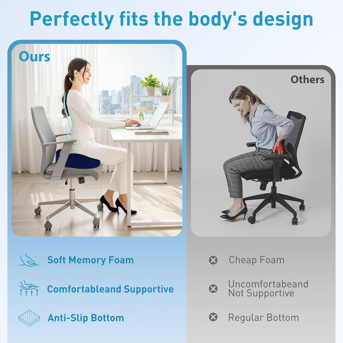 BlissTrends Memory Foam Seat Cushion for Office Chair & Car Seat, Black | 4.7in Ergonomic Tailbone & Sciatica Support with Removable Velvet Cover for Pressure Relief and Long Sitting Comfort