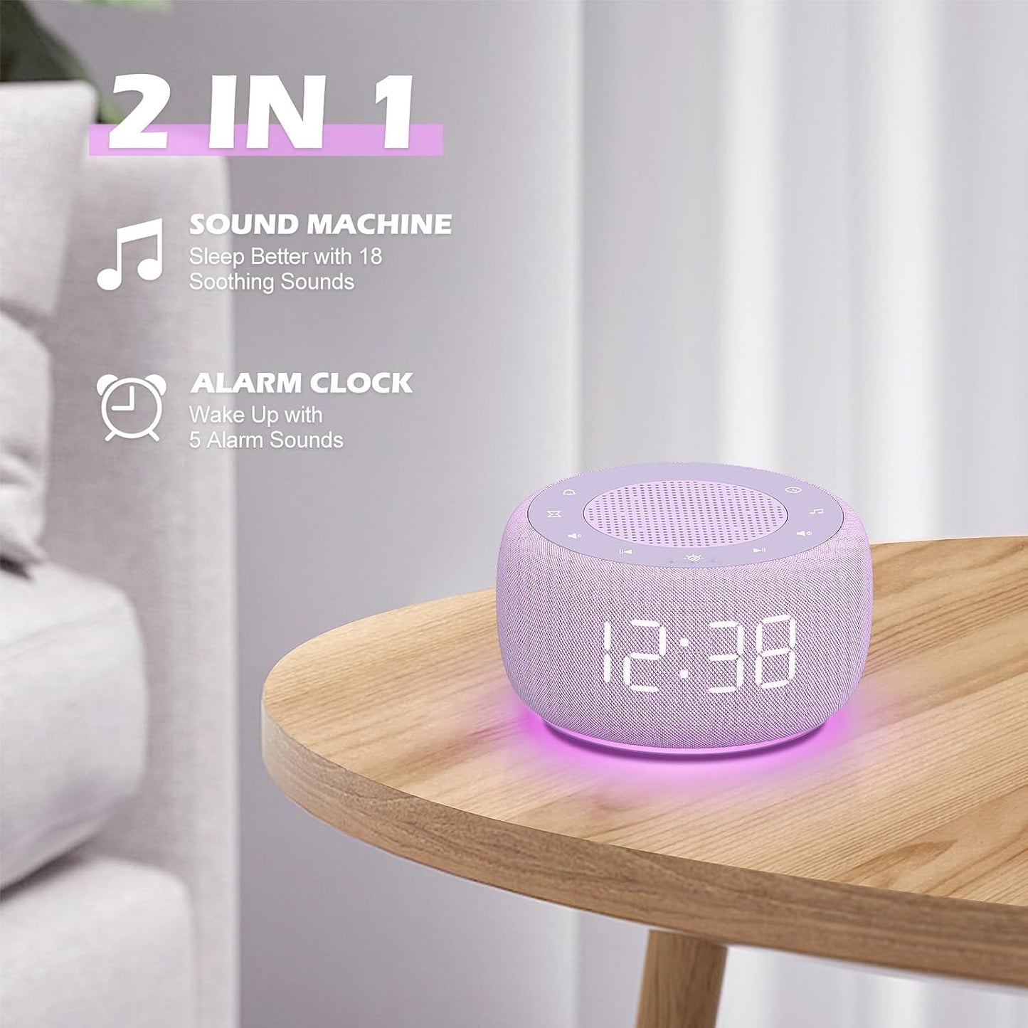 Buffbee Pro 2nd Gen| Sound Machine, Alarm Clock with Bluetooth Speaker | Upgraded Rechargeable Battery, White Noise Machine with 25 Sleep Sounds, Portable for Travel & Bedroom