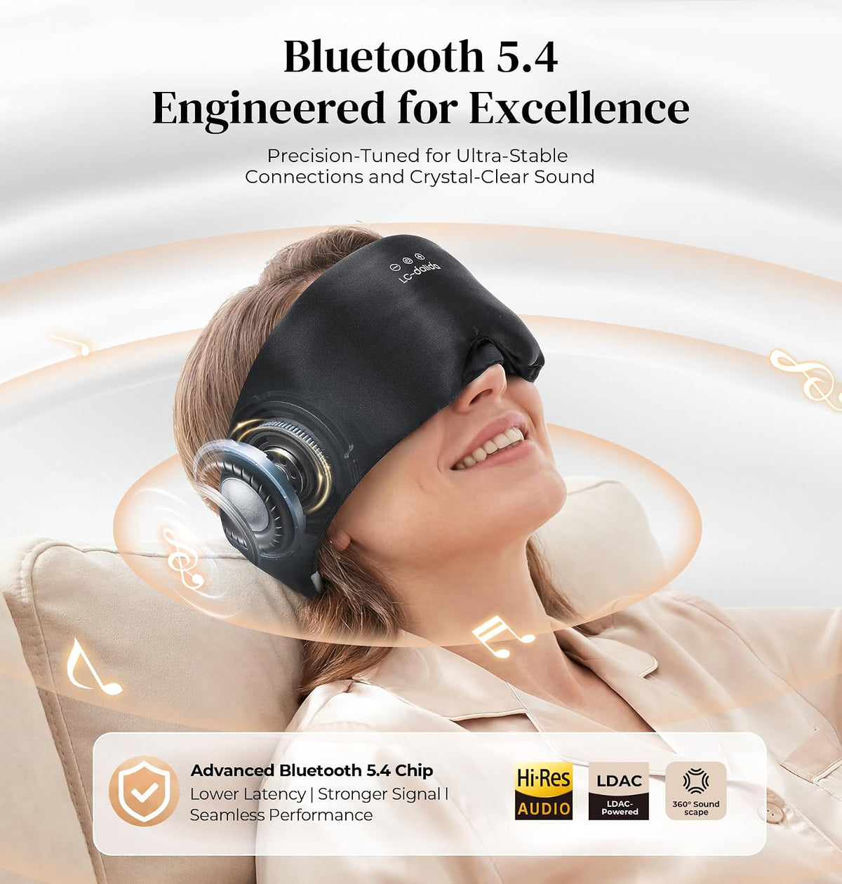 LC-dolida 3D Silk Bluetooth Sleep Mask, Mulberry Silk Sleep Mask with Bluetooth Headphones, Bluetooth Eye Sleep Mask for Side Sleepers, Total Blackout Bluetooth Eye Mask for Women Men, Black