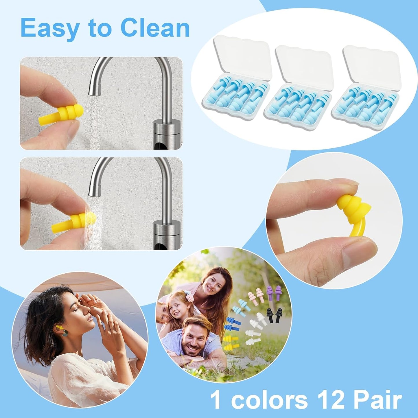 Ear Plugs for Sleeping,12 Pair Earplugs Noise Canceling Soft Silicone Ear Plug Reusable Earplugs for Sleep,Concert,Swimming,Study,Loud Noise,Snoring(Black Blue Purple)