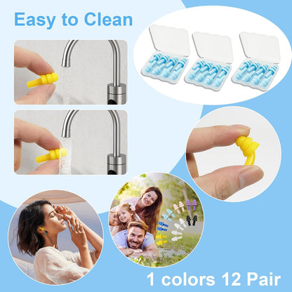 Ear Plugs for Sleeping,12 Pair Earplugs Noise Canceling Soft Silicone Ear Plug Reusable Earplugs for Sleep,Concert,Swimming,Study,Loud Noise,Snoring(Black Blue Purple)