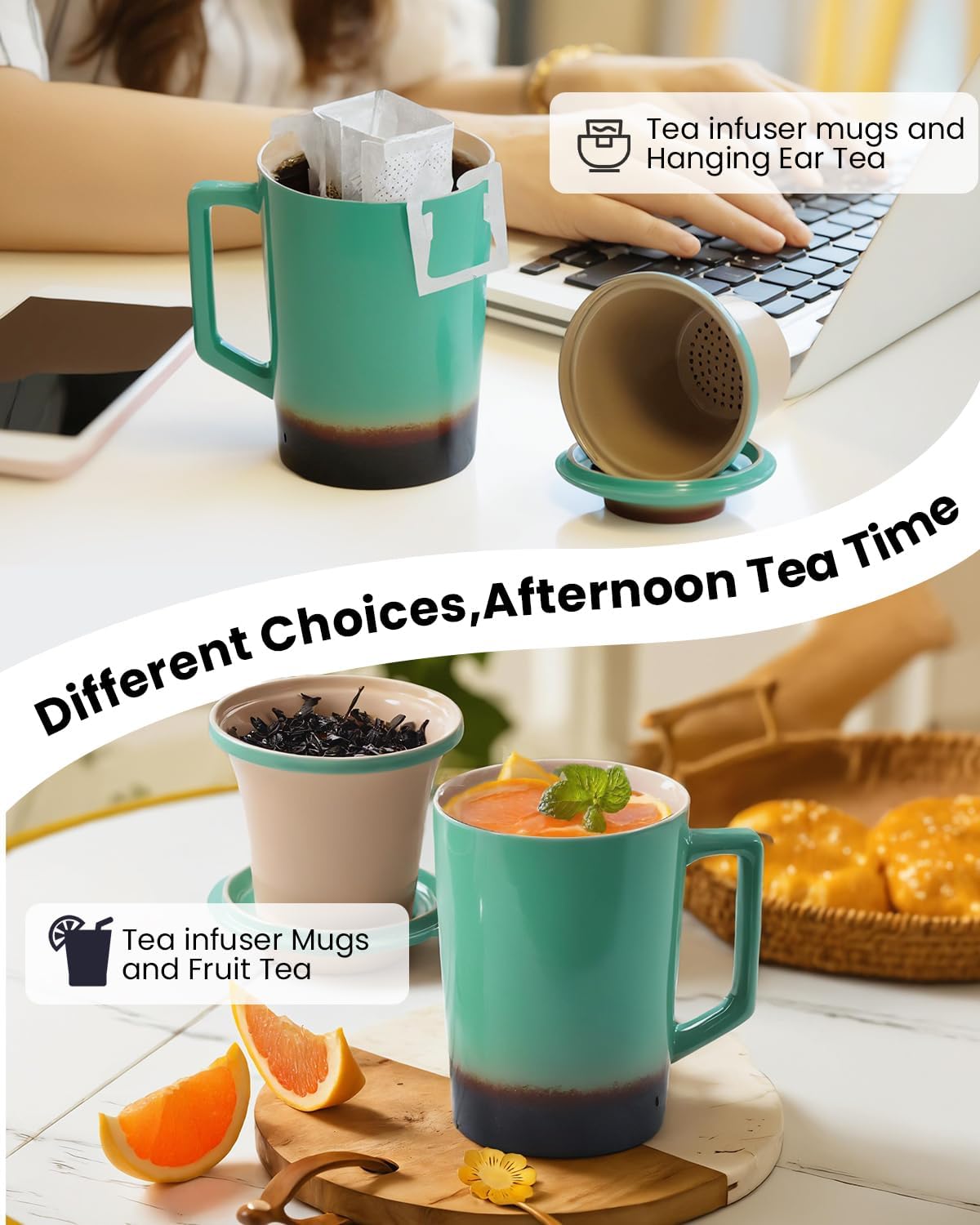 15 oz Ceramic Tea Infuser Cup with Lid - Tea Mug with All Porcelain Strainer for Loose Leaf Teas,Microwave and Dishwasher Safe,Metal-Free,BPA-Free for Tea Lovers/Birthday (Black)