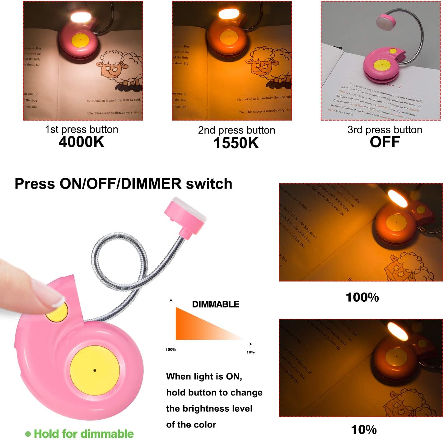 Kids Rechargeable Book Light, Clip on Reading Light for Kid, Kids Reading Lights, Amber Book Light for Reading in Bed, 2 Lighting Modes, Blue Light Blocking, Bookmark Light for Bookworms-Green