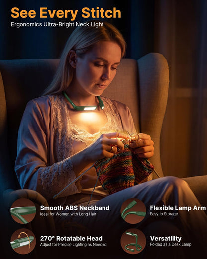 Neck Reading Light Book Lovers Gifts, Rechargeable 80Hrs Eye-friendly 3 Colors & Stepless Dimming Book Light for Reading, Christmas Stocking Stuffers for Men Women Camping Knitting Crochet Accessories