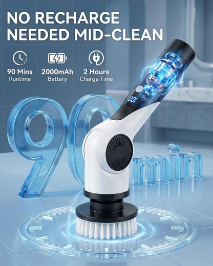 Electric Spin Scrubber, 3-Speed Shower Scrubber with Long Handle & 10 Replaceable Brush Heads, Cordless Full-Body IPX7 Waterproof Shower Cleaner Brush with 90 Mins Runtime for Bathroom