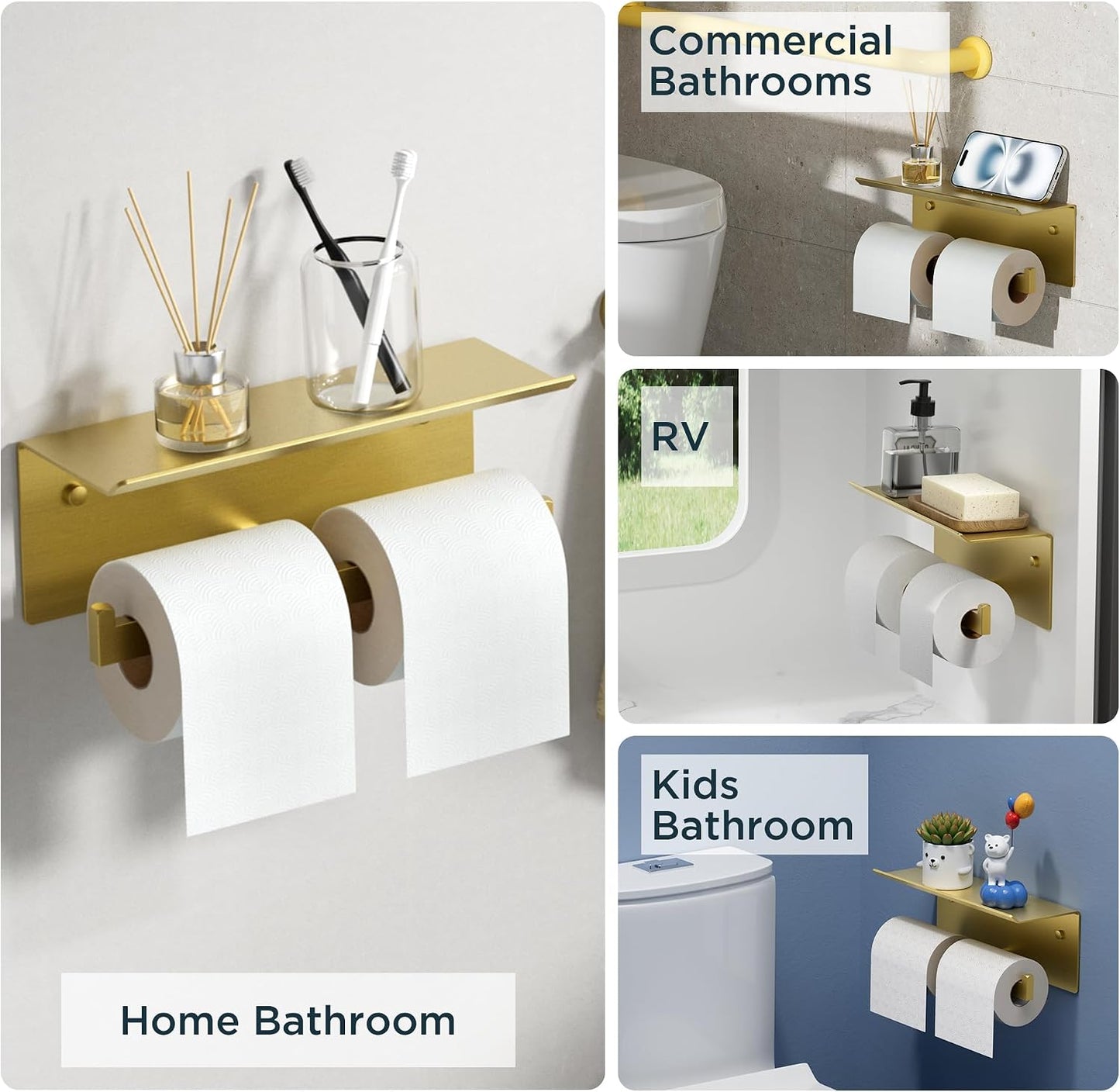 FORIOUS Toilet Paper Holder with Shelf, Commercial Toilet Paper Dispenser | Brushed Nickel | SUS304 Stainless Steel Wall Mount Double Bathroom Tissue Roll Holder for Hotel, Apartments, etc