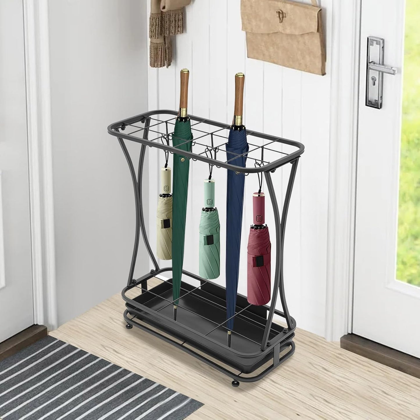 Metal Umbrella Holder 18 Slots with 10 Hooks, Umbrella Stand for Entryway | For Home Office Lobby Entryway; Heavy Duty Iron, Removable Drip Tray, Holds Long/Short Umbrellas
