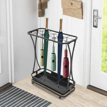 Metal Umbrella Holder 18 Slots with 10 Hooks, Umbrella Stand for Entryway | For Home Office Lobby Entryway; Heavy Duty Iron, Removable Drip Tray, Holds Long/Short Umbrellas