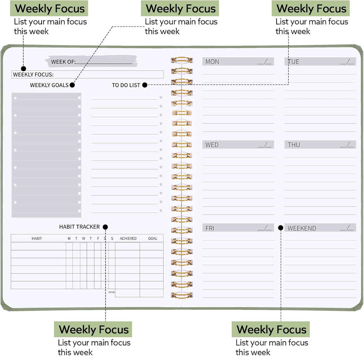 Thboxes A5 Weekly Planner Notebook, 52 Week Undated Journal for Women, Pink