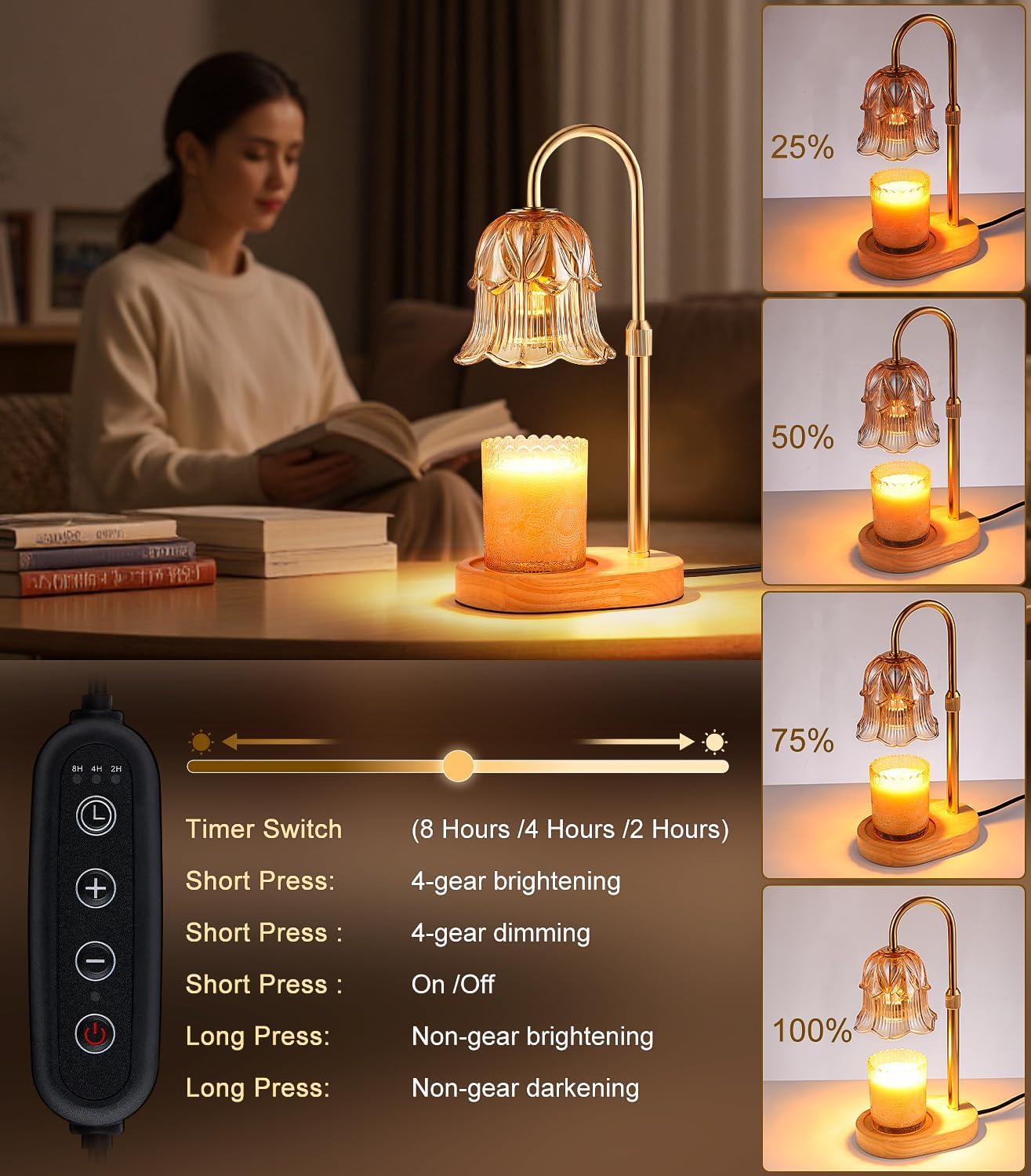 Candle Warmer Lamp Adjustable Timer - Electric Flower Glass Candles Light | Height Adjustable Dimmable Vintage Base Modern Wax Candles Jar Top Warmers Wax Melts Birthday Women Mom House Warming Gifts
